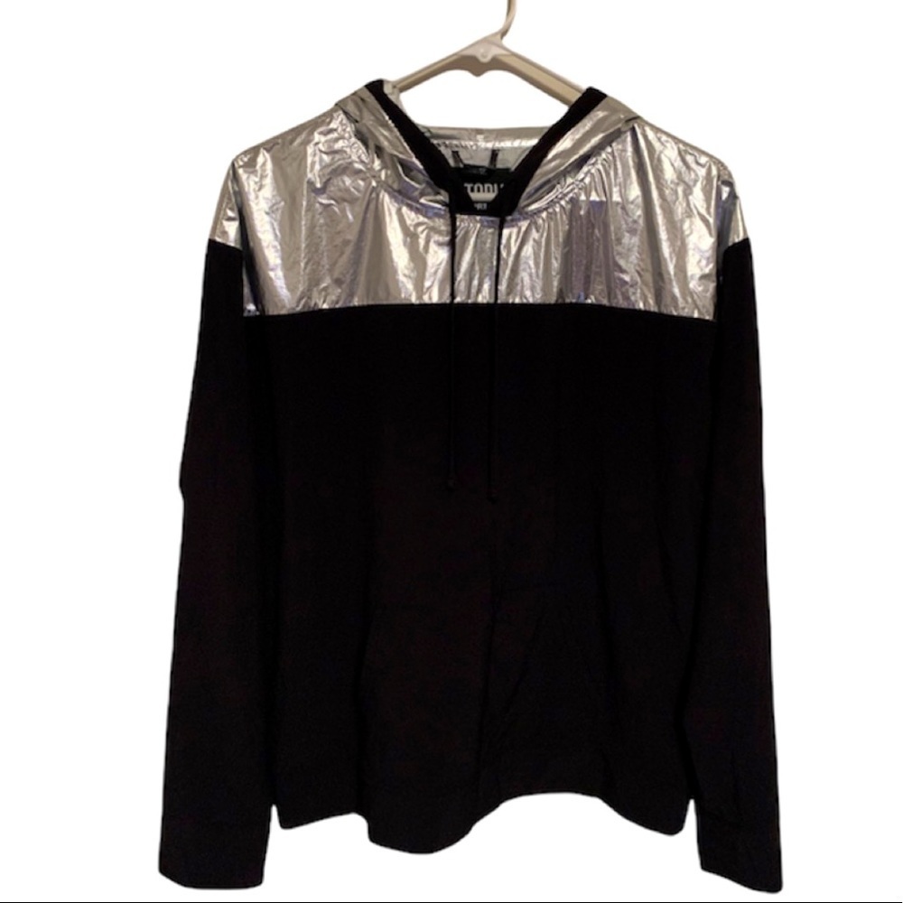 Victoria’s Secret Sport Hoodie Black Silver Foil Top Pullover Size Small